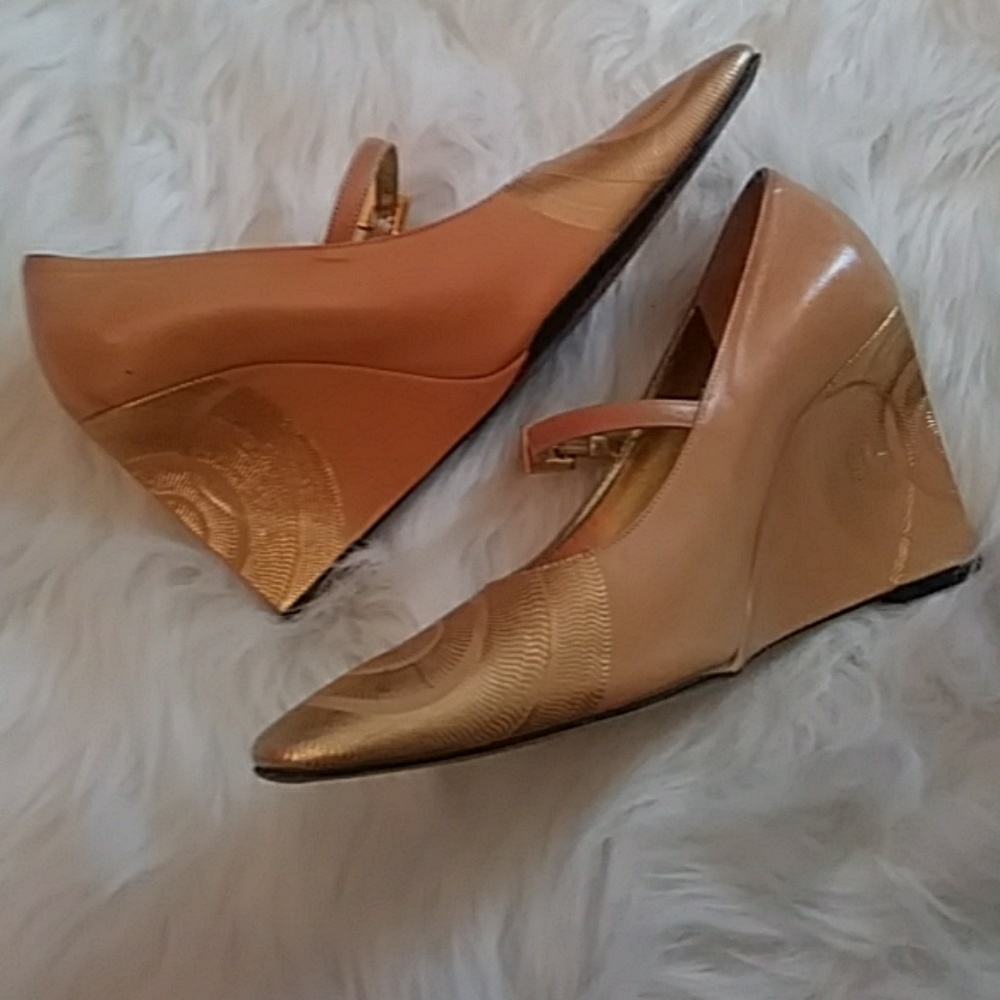 Fendi Gold Embossed Wedge Heels